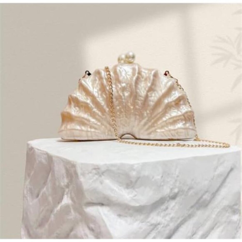 White Acrylic Shell Clutch | Elegant Evening Bag with Detachable Chain